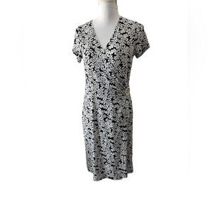Jones New York Faux Wrap Dress Black and White Floral Goldtone Ring Detail